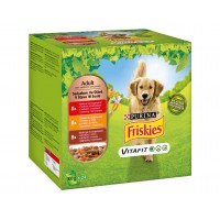 FRISKIES Dog ADULT kapsička hovädzina + zemiaky, kura + mrkva, jahňa + mrkva šťava 24x85g