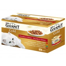 Konzervy GOURMET GOLD - hovädzie / morka a kačica / kura a pečeň / losos a kura 4x85g