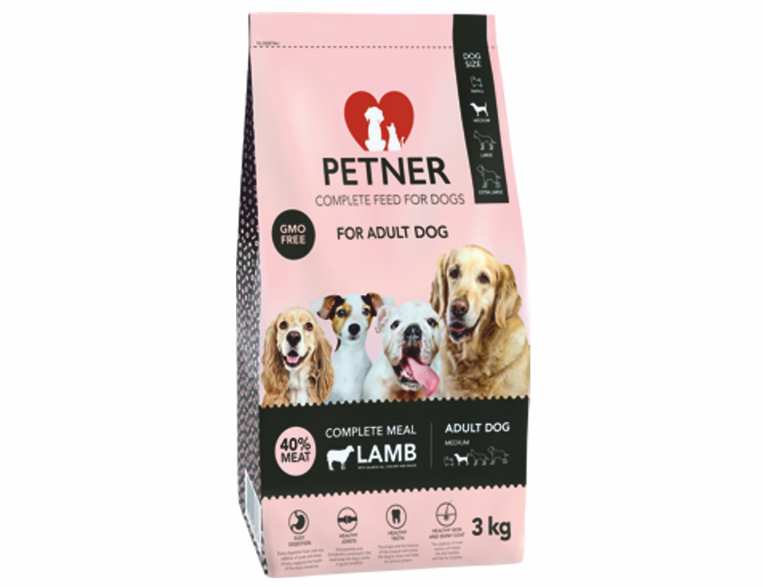 PETNER Adult prémiové krmivo pre psov stredných plemien jahňa 3kg 40% mäsa