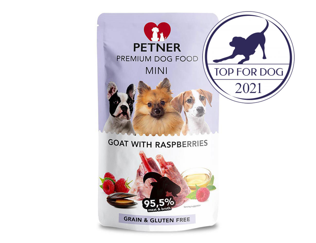 PETNER MINI konzerva pre psov kozie mäso s malinami 150g - 95,5% mäsa a vývaru - prémiové krmivo pre psov