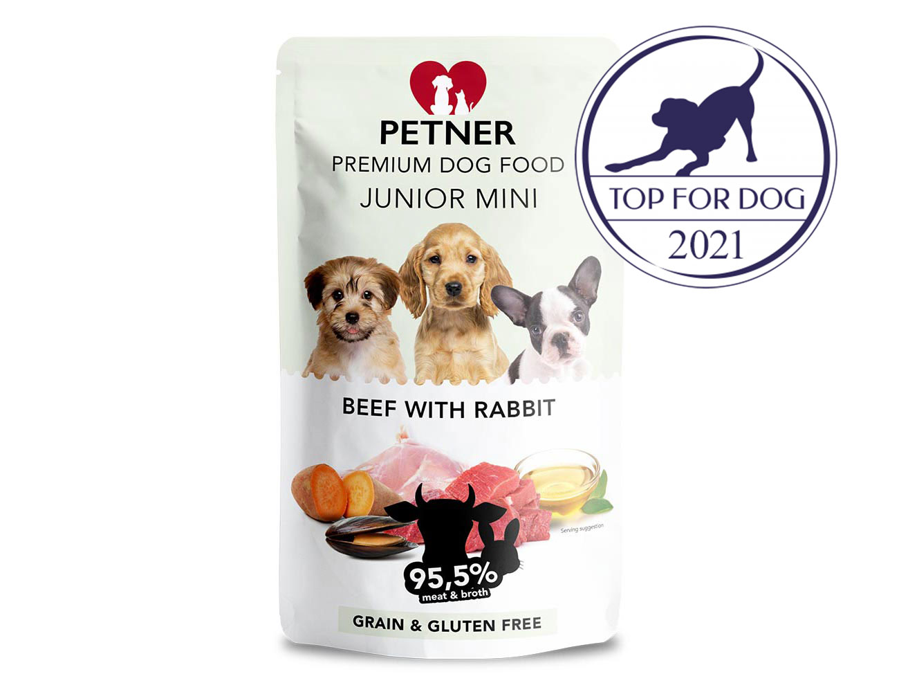 PETNER MINI konzerva pre psov Junior hovädzina a králik 150g - 95,5% mäsa a vývaru prémiové krmivo pre šteňatá