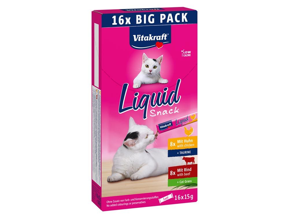 VITAKRAFT-Cat Liquid Snack taurin/kura, hov./tráva 16x15g