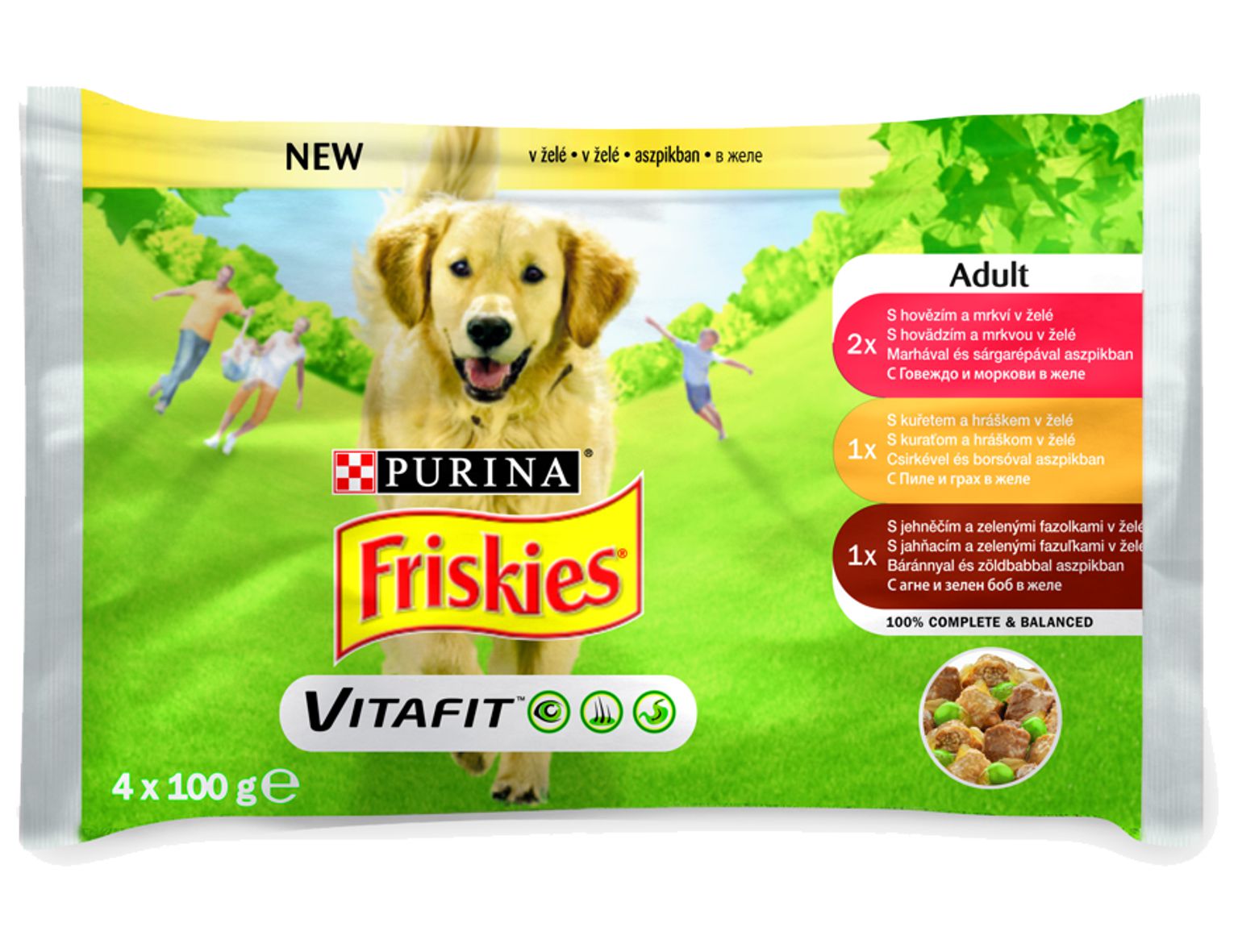 FRISKIES Dog ADULT kapsička hovädzina + mrkva, kura + hrášok, jahňa + zelené fazuľky v želé 4x100g
