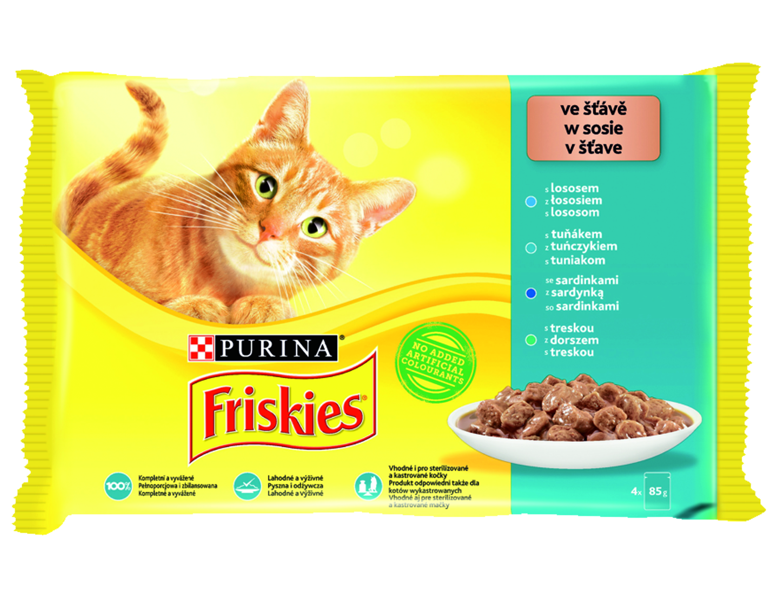 FRISKIES Cat kapsičky - treska / sardinky / losos / tuniak v šťave 4x85g